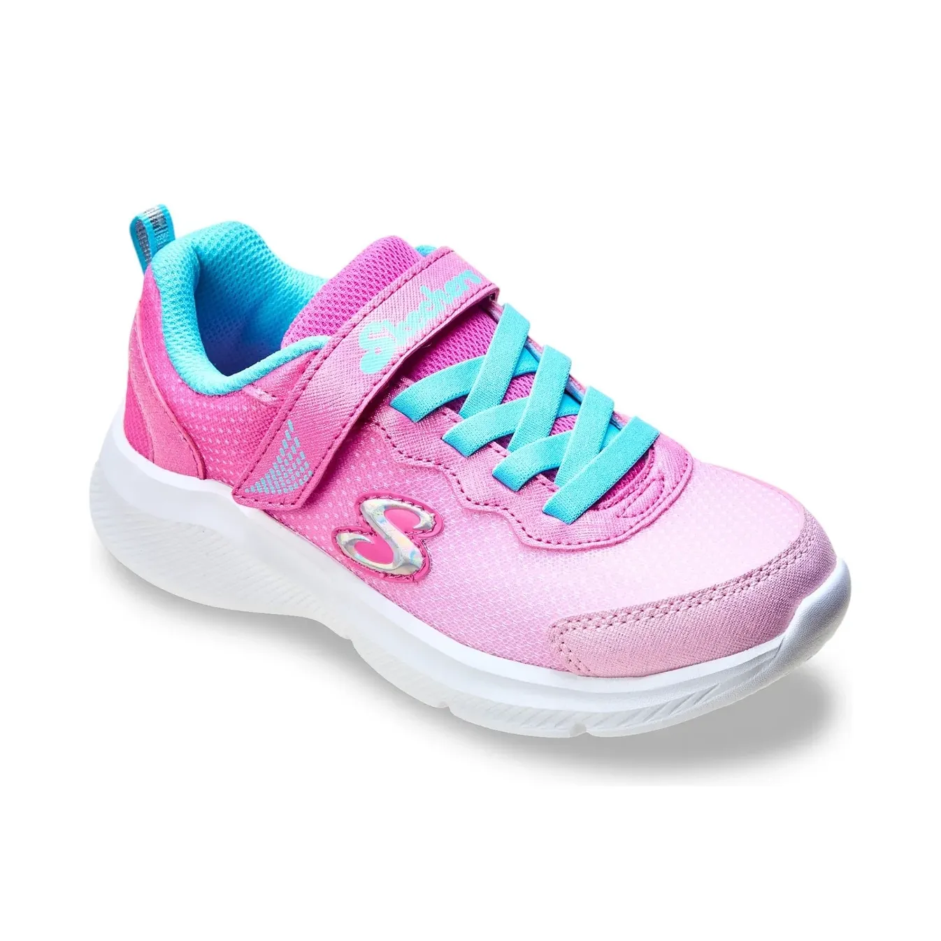 Tênis casual feminino Skechers Sole Swifters rosa detalhes azul claro, vista frontal para ajuste e conforto